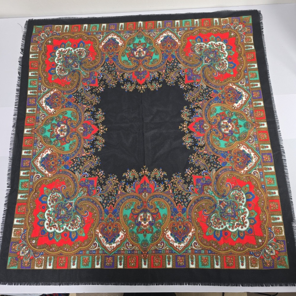 Vintage The Specialty House Made in Italy Paisley Scarf Black Red Multi Fringe